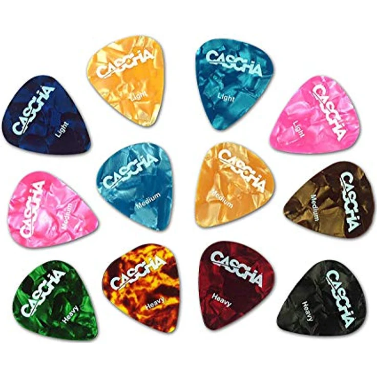 CASCHA HH 2002 Guitar Picks 12er Set, hochwertiges Plektrum aus abriebfestem Celluloid, 3 Stärken (Light 0,46 mm, Medium 0,71 mm, Heavy 0,96 mm) für Akustik-Gitarre, E-Gitarre, Ukulele und Bass – Bild 1