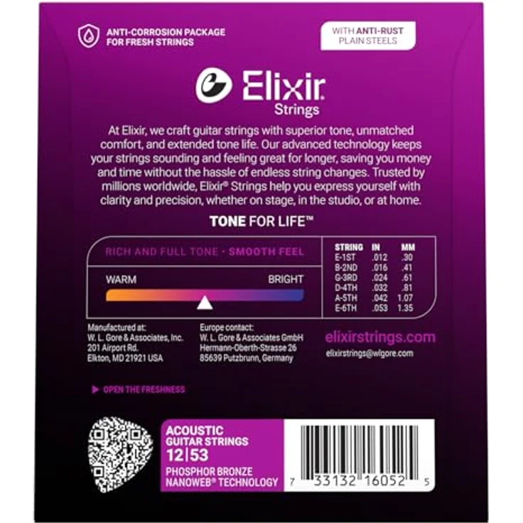 Elixir® 16052 Phosphor Bronze Akustik-Gitarrensaiten mit NANOWEB® Beschichtung, Light (.012-.053) - langlebig, klare Höhen – Bild 2