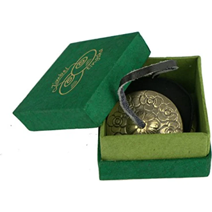 Klangschalen-Center Zimbel/Tingsha mit Blumenornament, handgeschmiedet, Ø 4,5 cm, inklusive grüner Aufbewahrungsbox – Bild 2