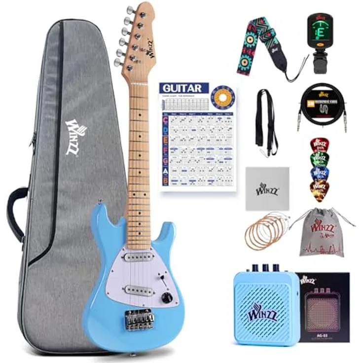 Winzz 30-Zoll-E-Gitarren-Einsteiger-Set für Kinder, Mini-E-Gitarre (1/4 Größe) mit Verstärker, Gloosy Blau, All-in-One-Zubehörset