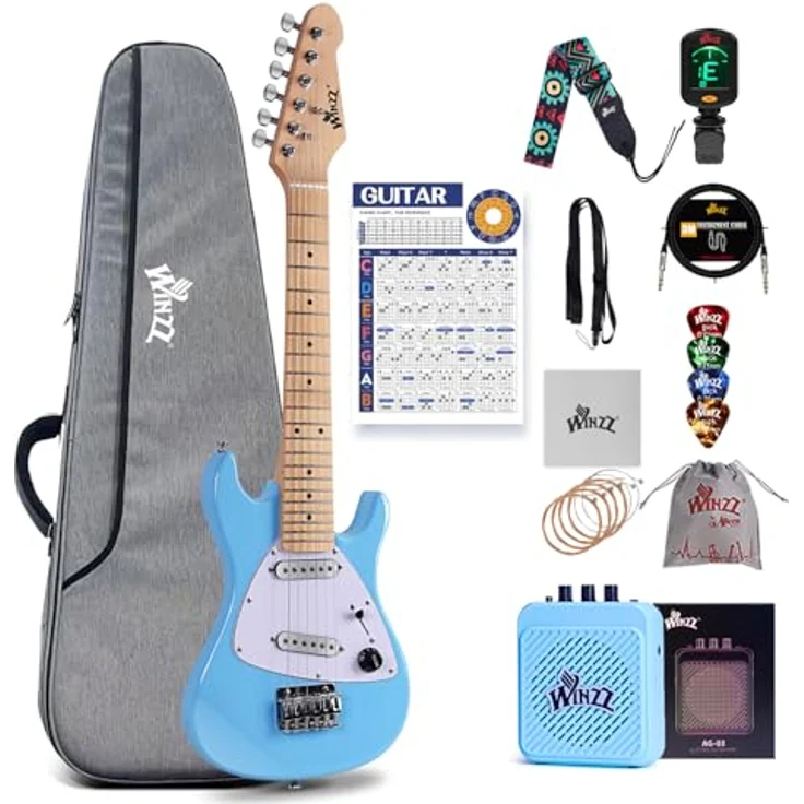 Winzz 30-Zoll-E-Gitarren-Einsteiger-Set für Kinder, Mini-E-Gitarre (1/4 Größe) mit Verstärker, Gloosy Blau, All-in-One-Zubehörset – Bild 1