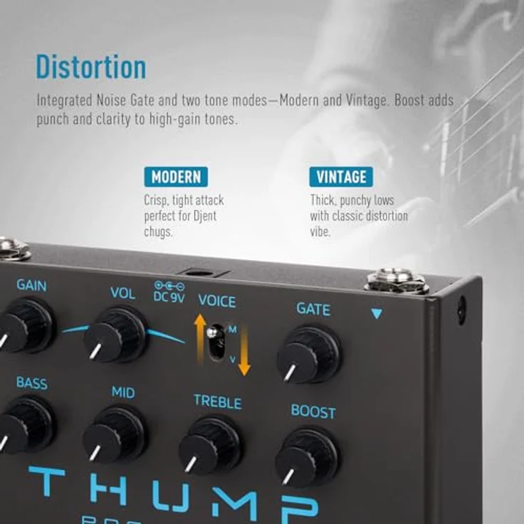 SONICAKE Distortion Pedal High-Gain Effektpedal mit analoger Schaltung, 2 Klangmodi, Boost und Noise Gate, schwarz – Bild 3