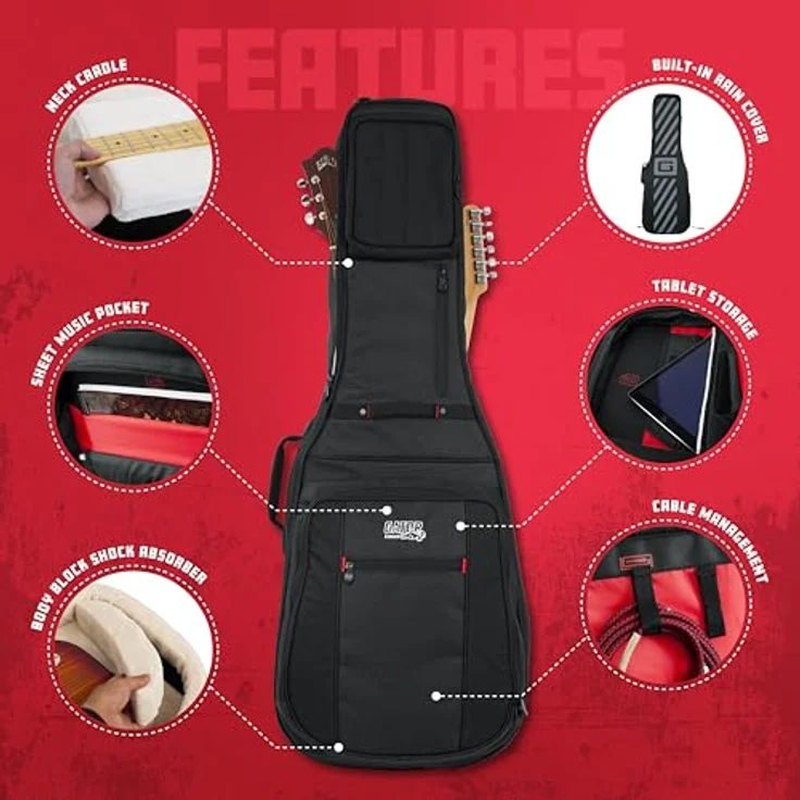 Gator G-PG E/A Double Bag, Doppel Gigbag für E-Gitarre und Akustikgitarre, schwarz, ultra dick gepolstert, Regenüberzug, Rucksackgurte – Bild 4