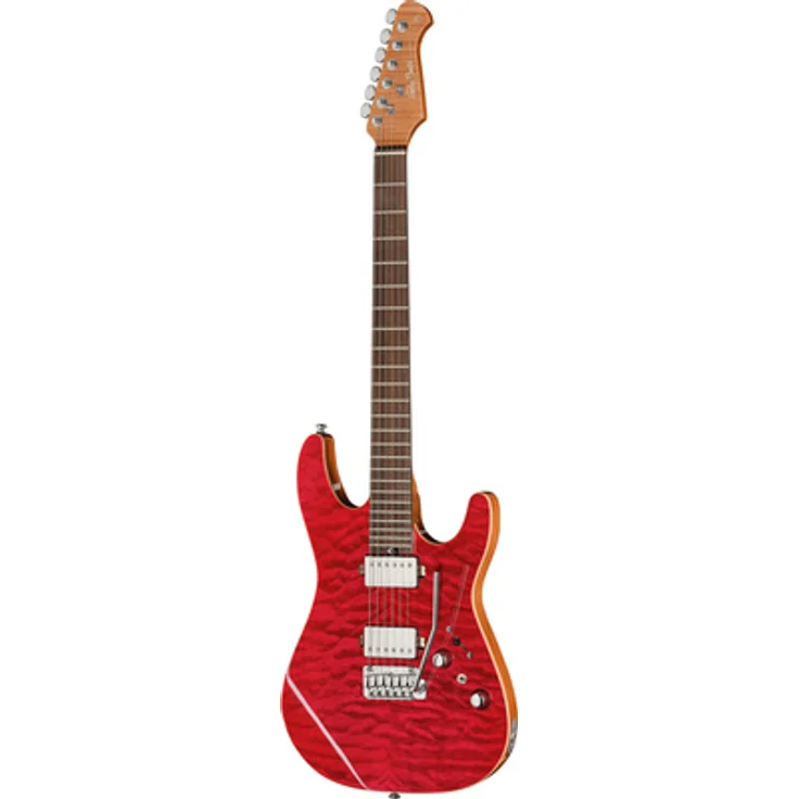 Harley Benton Fusion-IV HH RW Quilt Raspberry Gloss, E-Gitarre mit Alnico 5 Humbuckern, 24 Edelstahlbünden und Babicz Tremolo