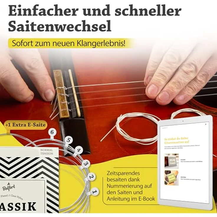 BELFORT® Gitarrensaiten Konzertgitarre, 6-Saiten Set aus Nylon und Silber mit 4 Plektren, extra hoher E-Saite für akustische Gitarre, ideal für Anfänger und Profis – Bild 5