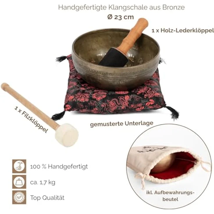 Bodhi Tibetische Klangschale Ø 23 cm, Handgefertigte Singing Bowl mit Blume des Lebens Gravur, Komplettes Set inkl. Kissen & Klöppel, Bronze, Gold/Holzfarben – Bild 3