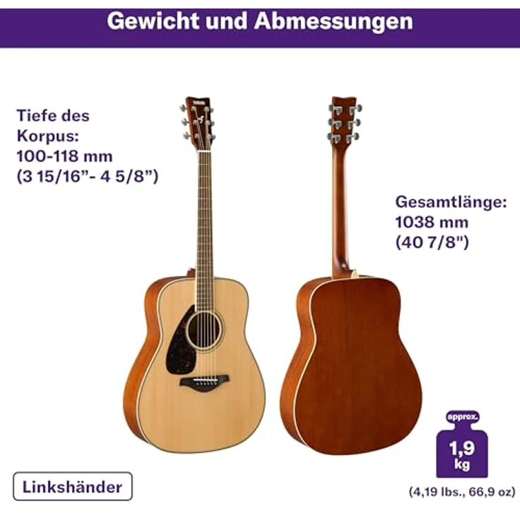 Yamaha FG820L NTII, Linkshänder Akustikgitarre mit massiver Fichtendecke, Mahagoni Boden & Zargen, Naturfinish – Bild 2