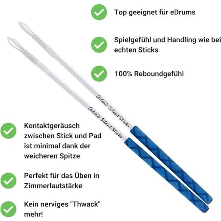 Adoro SSE Silent E-Sticks, Drumsticks mit 15,5 mm Schaft, optimiert für Gummipads, blauer Griff – Bild 2
