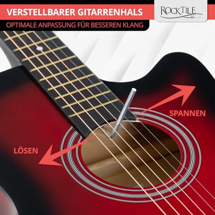 Rocktile WSD-5C-RDB Slim Line Westerngitarre Set, Dreadnought Akustikgitarre mit Linde-Korpus, Catalpa-Hals, Redburst, inkl. Tasche, Ersatzsaiten, Gurt und Plektren – Bild 4
