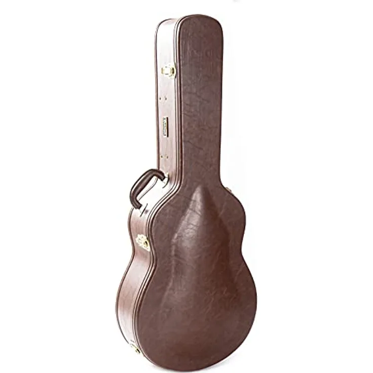 Fame Dreadnought Case für Westerngitarren, Robuster Schutzkoffer mit Metallschnallen, Abschließbar, Wetterfest, Braune Leder-Optik, Weinrotes Plüsch-Innenfutter, GIT0044842-000