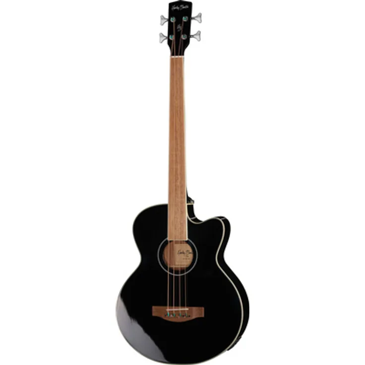 Harley Benton B-30BK-FL Acoustic Bass, Fretless Super Jumbo mit Fichten Decke, Sapele Mahagoni Boden, eingebautem Tonabnehmer und schwarzem Hochglanzfinish
