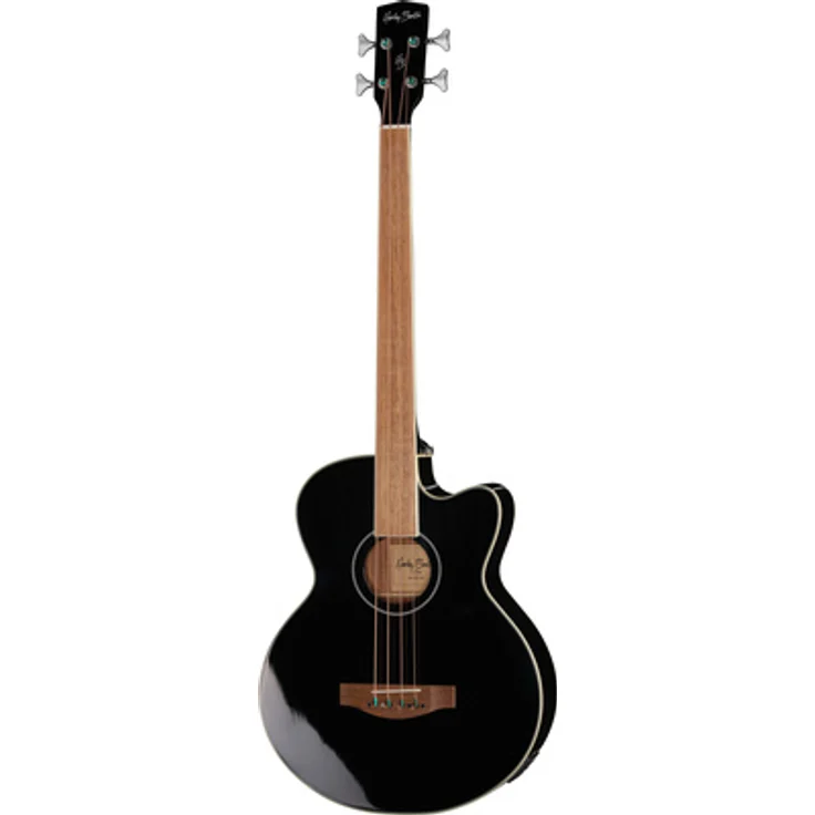 Harley Benton B-30BK-FL Acoustic Bass, Fretless Super Jumbo mit Fichten Decke, Sapele Mahagoni Boden, eingebautem Tonabnehmer und schwarzem Hochglanzfinish