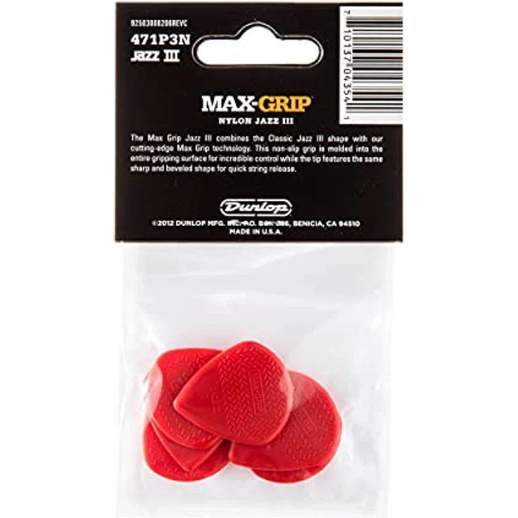 Dunlop Nylon Max Grip Jazz III, Plektrum Set mit 6 Stück, rot, Stärke: 1,38mm – Bild 4