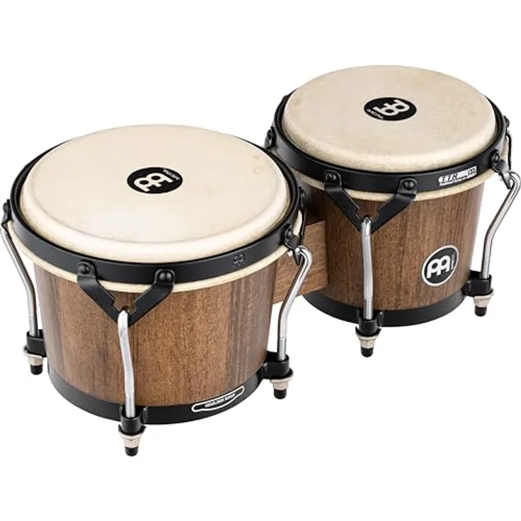 Meinl HTB100WB-M Bongo Set, 6 3/4" x 8", aus Gummibaumholz, Walnut Brown, mit handselektierten Büffelfellen und schwarzer Kesselhardware