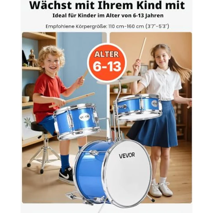 VEVOR Schlagzeugset, 3-teiliges Anfänger Drum Kit mit 35,6 cm Basstrommel, 20,3 cm Tom-Tom, 25,4 cm Snare-Drum, verstellbare Drumsticks, für Kinder von 6–13 Jahren, blau – Bild 2
