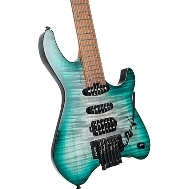 Cort Space G6TR, 6-saitige Headless E-Gitarre mit Okoume Korpus, geflammter Ahorndecke, Lagoon Semi Gloss, HSS-Pickup-Konfiguration – Bild 5