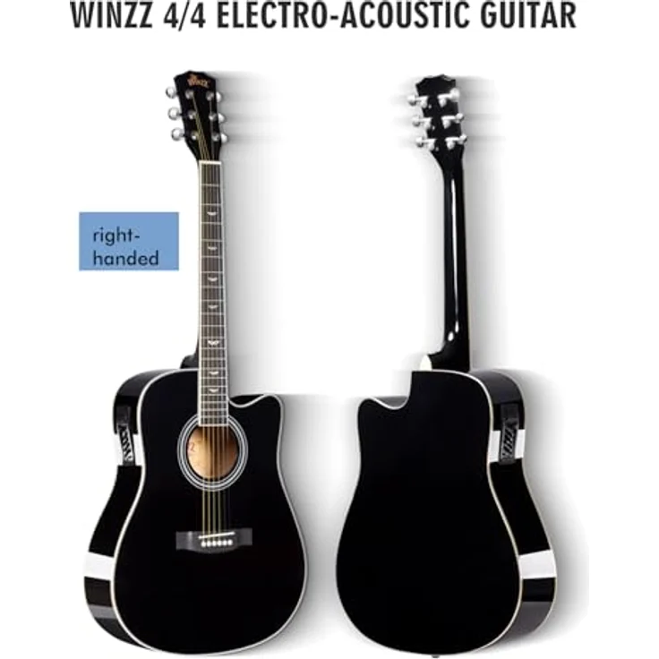 Winzz Elektro-Akustikgitarre Western 4/4, schwarz-glänzend, inkl. 11 Zubehörteilen für Anfänger und Kinder, rechtshändig – Bild 3