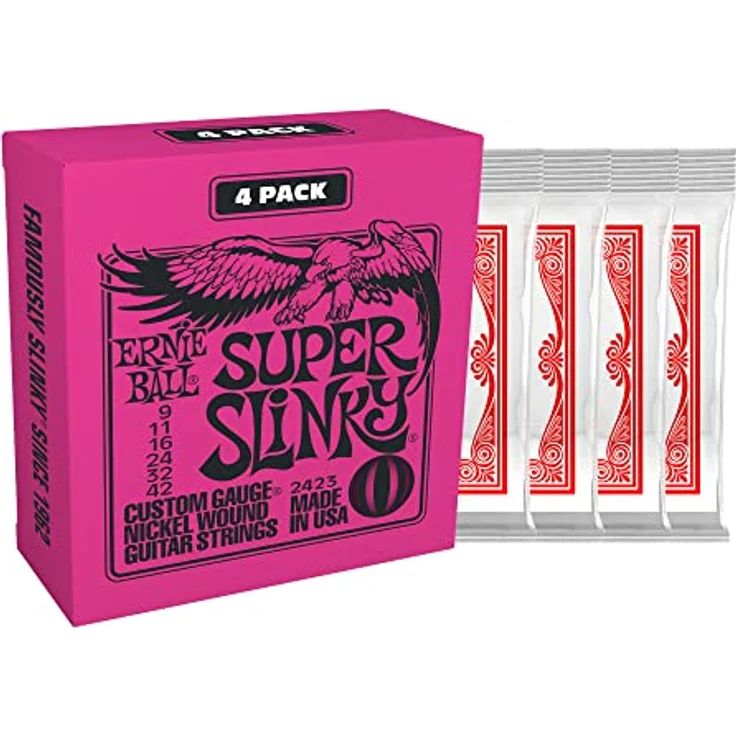 Ernie Ball Super Slinky Nickel Wound E-Gitarrensaiten, 4er-Pack, Stärke 9-42, heller und ausgewogener Ton, hergestellt in den USA – Bild 3