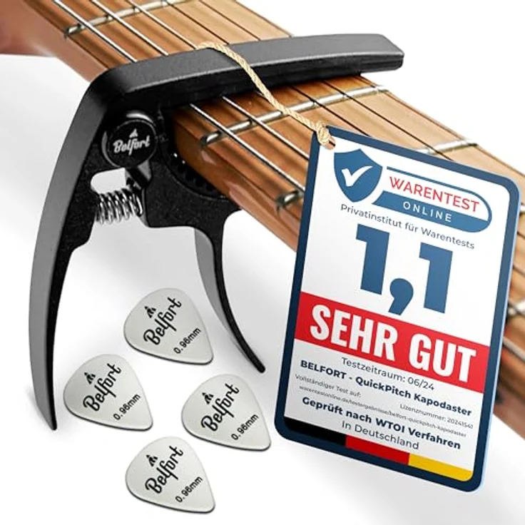 BELFORT® QuickPitch Kapodaster für Gitarre, bruchfestes Metall, einfache Einhandbedienung, inkl. 3 Plektren und gratis eBook, für Westerngitarre, Akustikgitarre, E-Gitarre, Ukulele – Bild 1