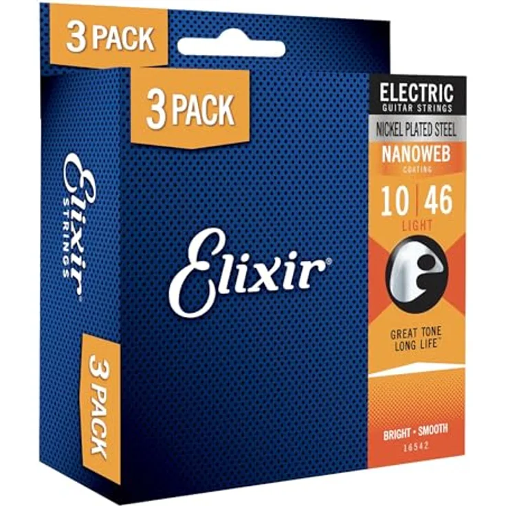 Elixir Strings – Vernickelte Stahlsaiten für E-Gitarre mit NANOWEB-Beschichtung – 3er-Pack Light 10–46, korrosionsbeständig und langlebig