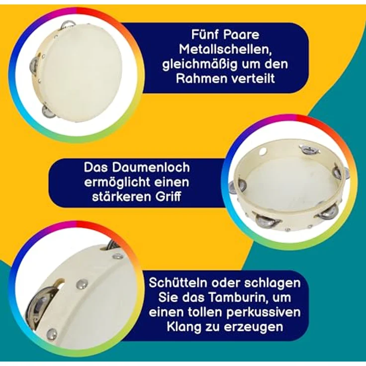 A-Star 8 Zoll Tamburin, handgeführtes hölzernes Instrument mit natürlichem Hautkopf und 5 Paar Jingles – Bild 2