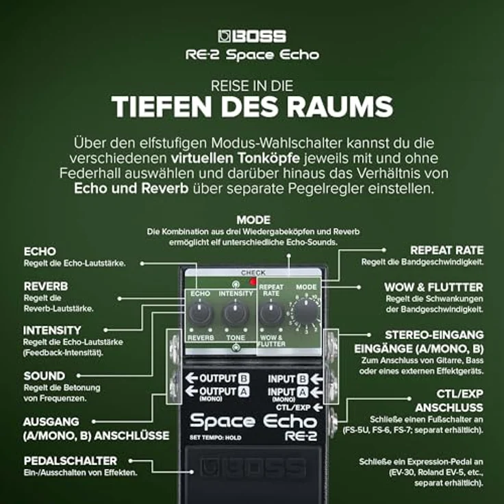 Boss RE-2 Space Echo Delay/Reverb, Effektpedal für E-Gitarre mit 11 Delay-Modi, inklusive Echo und Reverb, kompakte Bauweise – Bild 4