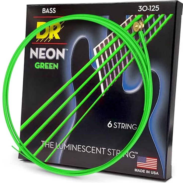 DR Strings Hi-Def Neon Grün NGB6-30, E-Bass Saiten Set Medium 30-125, 6-Saiter, UV-reaktiv und handgefertigt in den USA – Bild 1