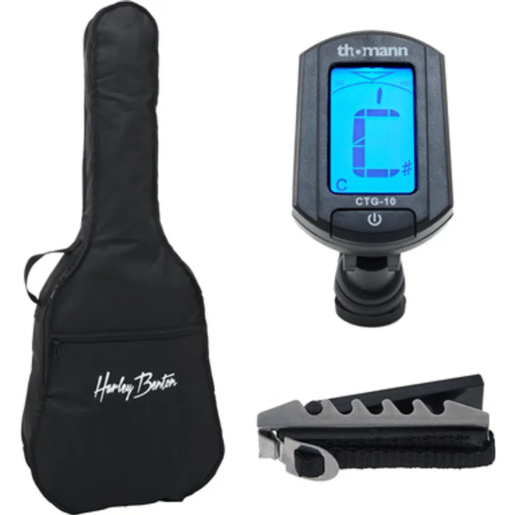 Harley Benton C-Guitar 3/4 Accessory Pack, Zubehörpaket für Klassikgitarre mit Gigbag, Chromatischem Clip Tuner und Kapodaster