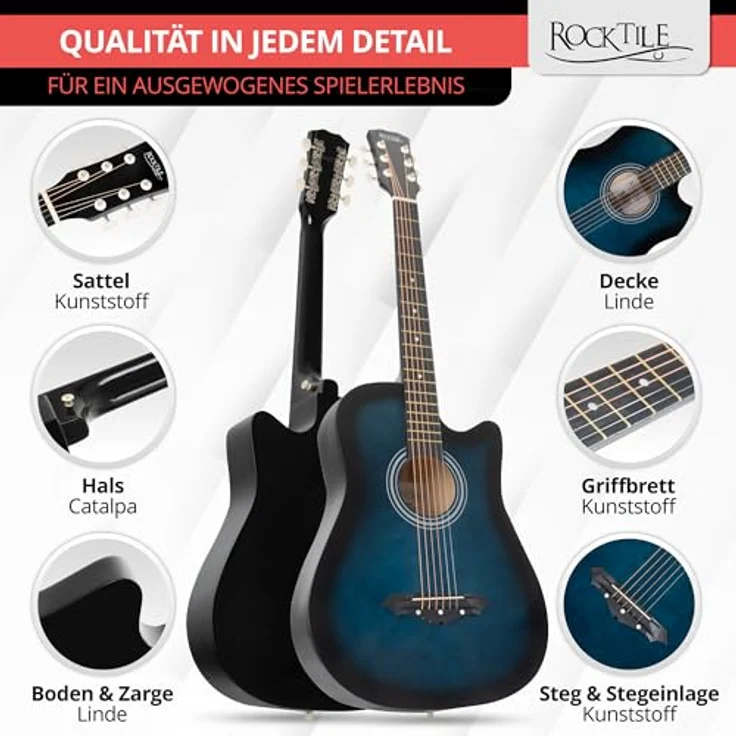 Rocktile WSD-5C-BUB Slim Line Westerngitarre, Dreadnought Akustikgitarre mit Linde-Korpus und Catalpa-Hals, inkl. Tasche, Ersatzsaiten, Gurt und Plektren, Blueburst – Bild 5