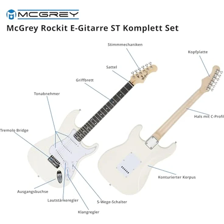 McGrey Rockit ST E-Gitarre Komplettset, 8-teilig mit 10W Verstärker, Stimmgerät, Gitarrentasche, weiß – Bild 4