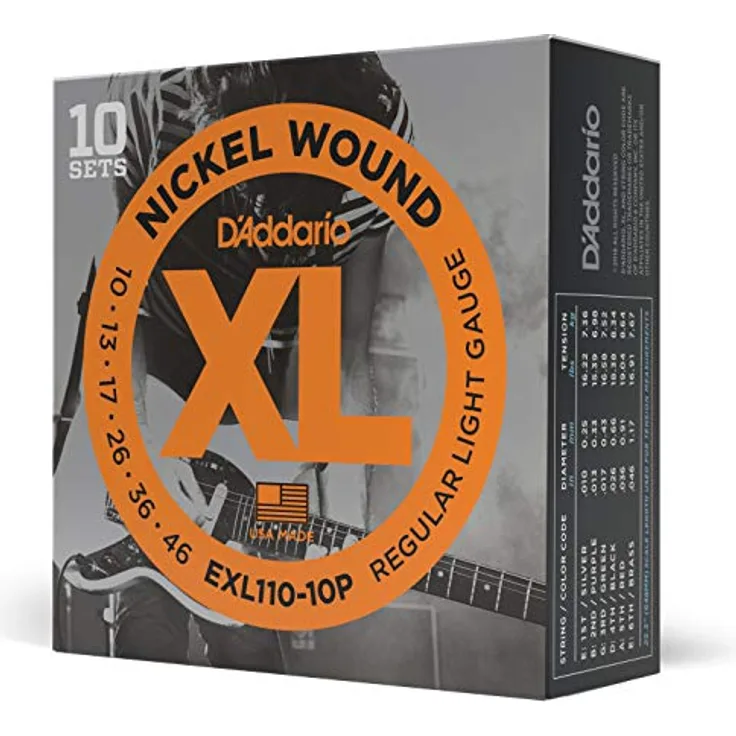 D'Addario EXL110-10P E-Gitarrensaiten, Nickel Wound, Regular Light 10-46, 10 Sets, vielseitiger und heller Ton, hergestellt in den USA