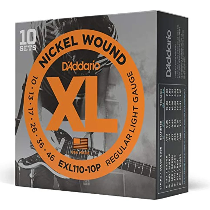 D'Addario EXL110-10P E-Gitarrensaiten, Nickel Wound, Regular Light 10-46, 10 Sets, vielseitiger und heller Ton, hergestellt in den USA – Bild 1
