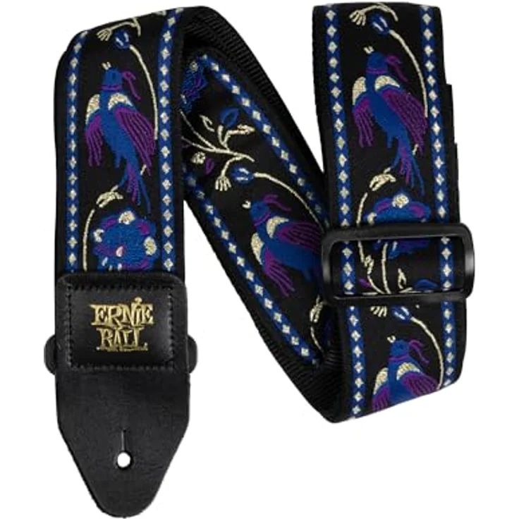 Ernie Ball PPP Jacquard Strap, Gitarrengurt aus stabilem Polypropylen, extra lang 104-182 cm, lila mit Leder-Enden und vergoldeter Prägung – Bild 2