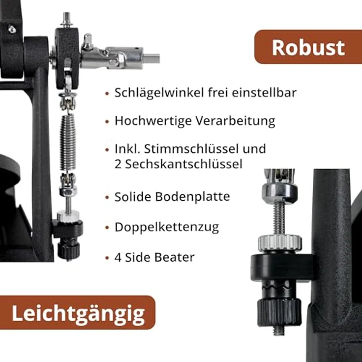 XDrum Fußmaschine Pro Doppel, 2 Pedale mit Doppelkettenzug, 4 Side Beater, zusätzliche Beateraufnahme links, ideal für 2 Bass Drums – Bild 2