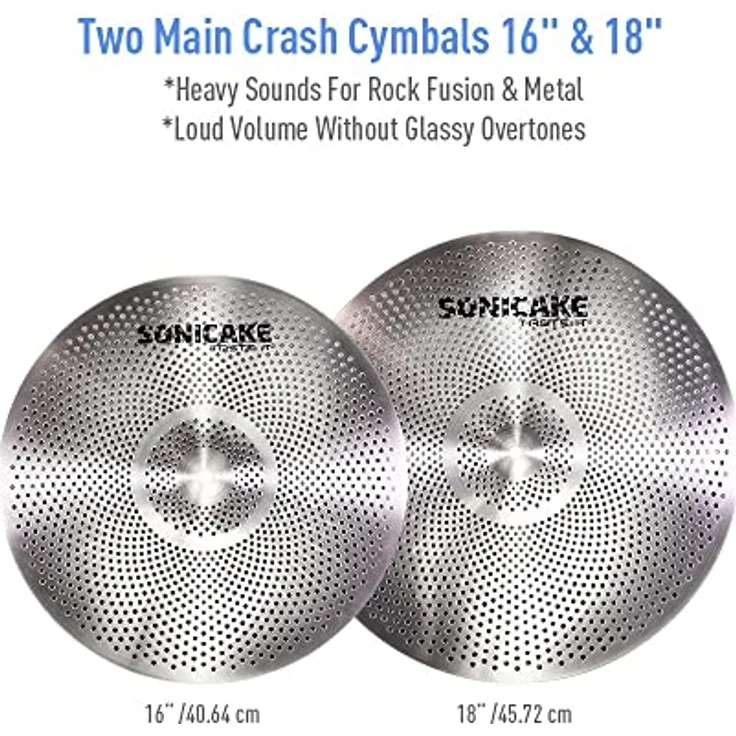 SONICAKE Cymbal Set, 14" HiHat + 16" Crash + 18" Crash + 20" Ride, leises Schlagzeugbecken-Set, silber, 5 Stück – Bild 4