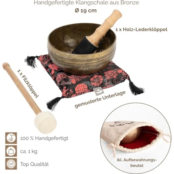 Bodhi Tibetische Klangschale Ø 19 cm, Handgefertigte Singing Bowl mit Tara Gravur, Bronze, Inkl. Klangschalenkissen & Klöppel, Ideales Meditationszubehör – Bild 3