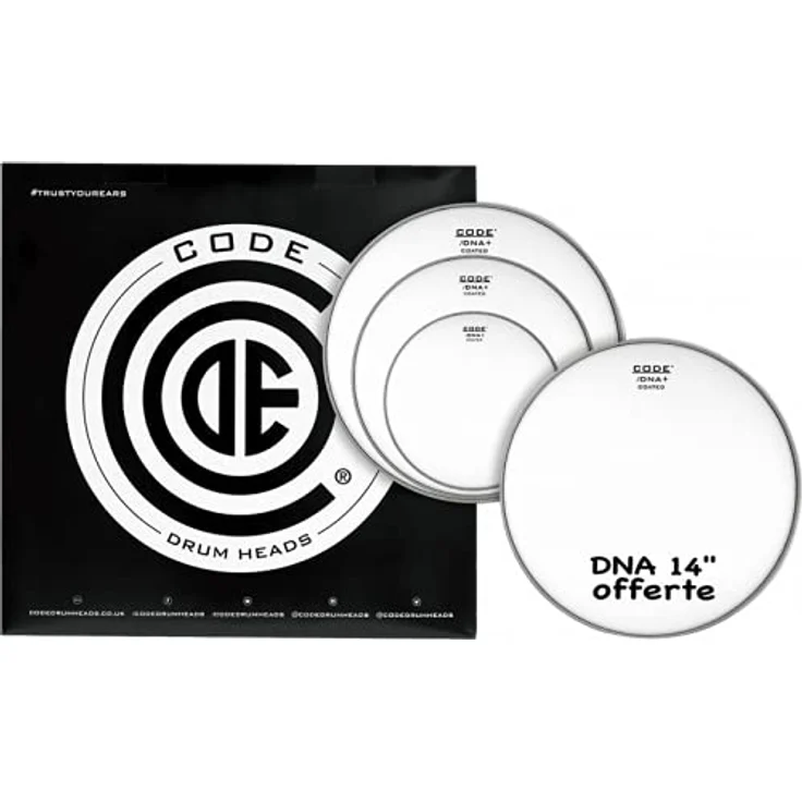 Code DNA Coated Pack Fusion, Schlagzeugfelle-Set mit 10", 12" und 14" Tom Fell, einlagig, weiß aufgeraut, inkl. gratis Snare Fell, offen im Sound, gute Balance zwischen Attack und Sustain – Bild 2