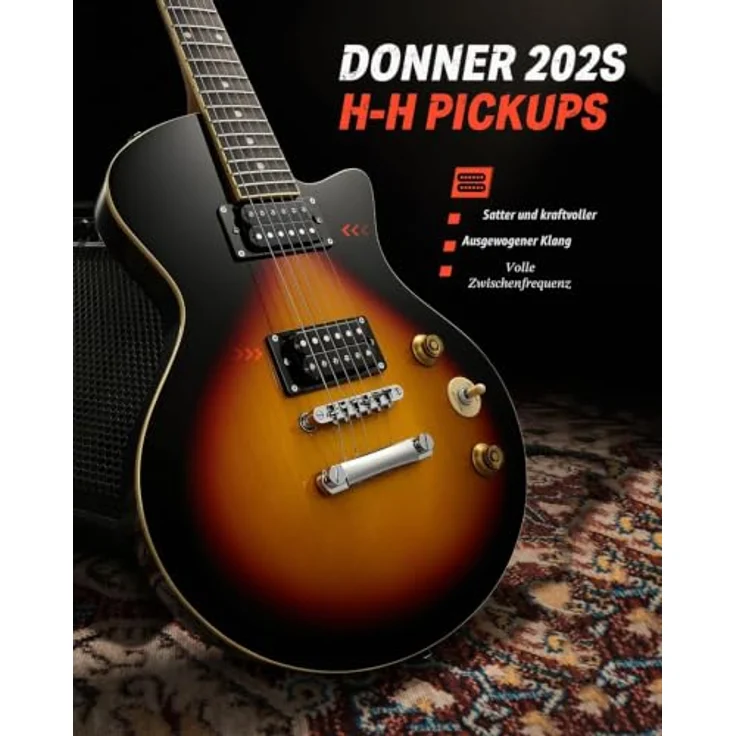 Donner DSC-128 E-Gitarre Einsteigerset, Massivkorpus mit H-H-Tonabnehmern, ergonomischem Hals und Tasche, Sunburst – Bild 2