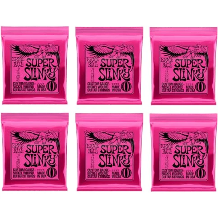 Ernie Ball Super Slinky Nickel Wound E-Gitarrensaiten, 6er-Pack, Stärke 9-42, heller ausgewogener Ton, Element Shield-Verpackung – Bild 1
