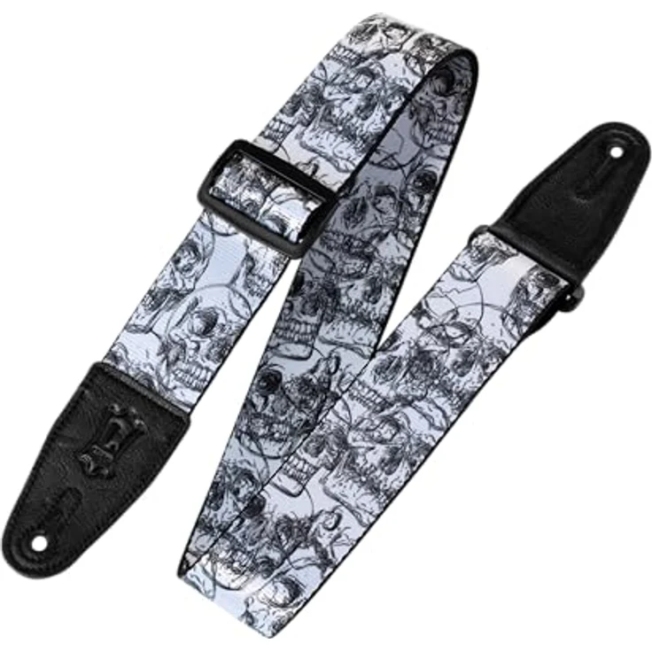 Levys Poly Strap MPD2-048, Gitarrengurt aus Polyester mit Skulls Design, 2" Breite, verstellbar von 107 cm bis 151 cm, Weiß und Schwarz – Bild 1