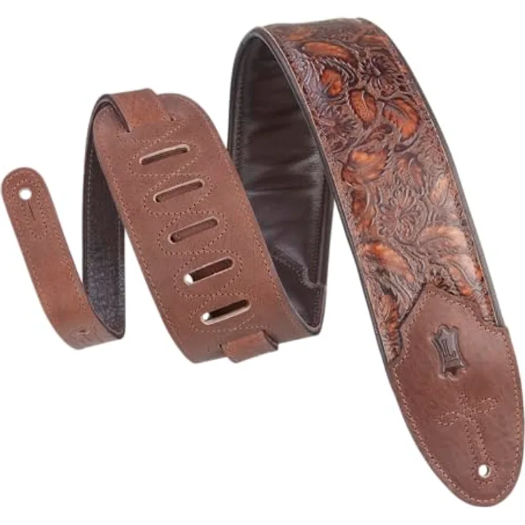 Levys Sundance Line Strap 3" WBRN, gepolsterter Gitarrengurt aus geprägtem Leder, floral, Whisky Braun, verstellbar von 94 cm bis 132 cm