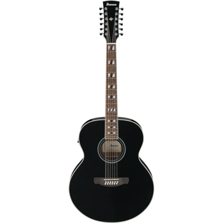 Ibanez AJ7012M1E-BK, 12-saitige Jumbo Westerngitarre mit massiver Sitka-Fichte-Decke und Ibanez T-bar Undersaddle Tonabnehmer, Schwarz Hochglanz