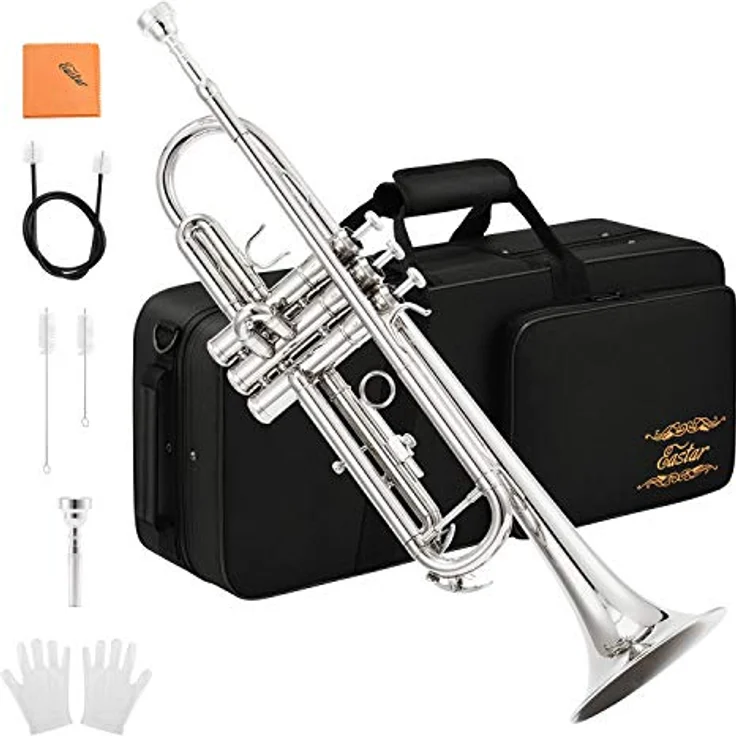 Eastar ETR-380N Bb Standard-Trompeten-Set für Anfänger, Messing, mit Hartschalenkoffer, Reinigungsset, 7C-Mundstück und weißen Handschuhen, Silber – Bild 1