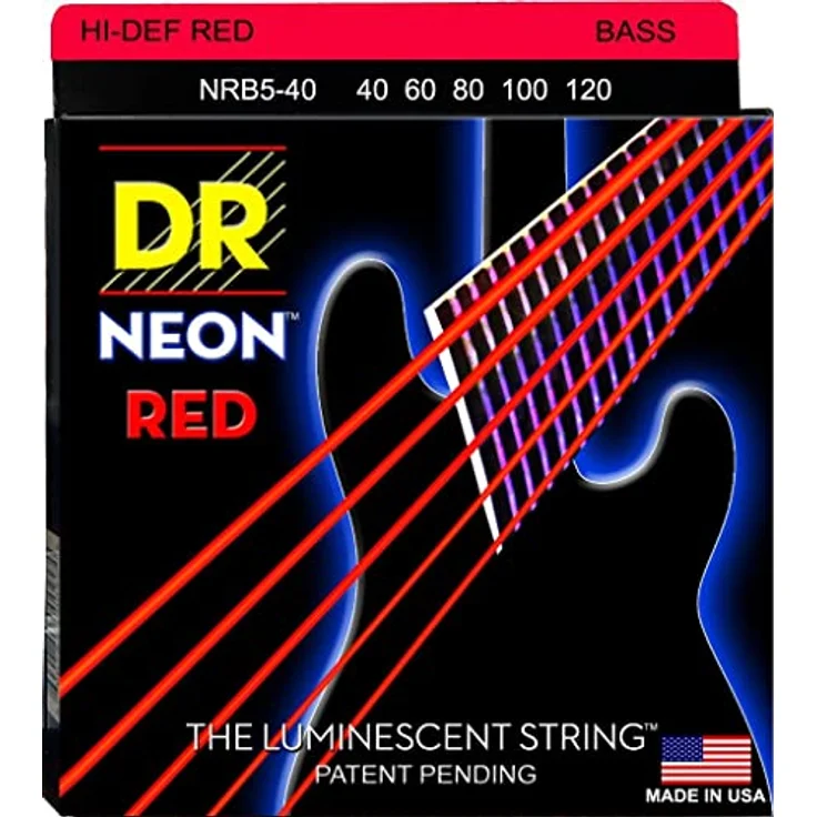 DR Strings Hi-Def Neon Rot NRB5-40 – E-Bass Saiten Set Light 40-120, UV- und Schwarzlicht-Effekt, K3-Beschichtung für lange Haltbarkeit