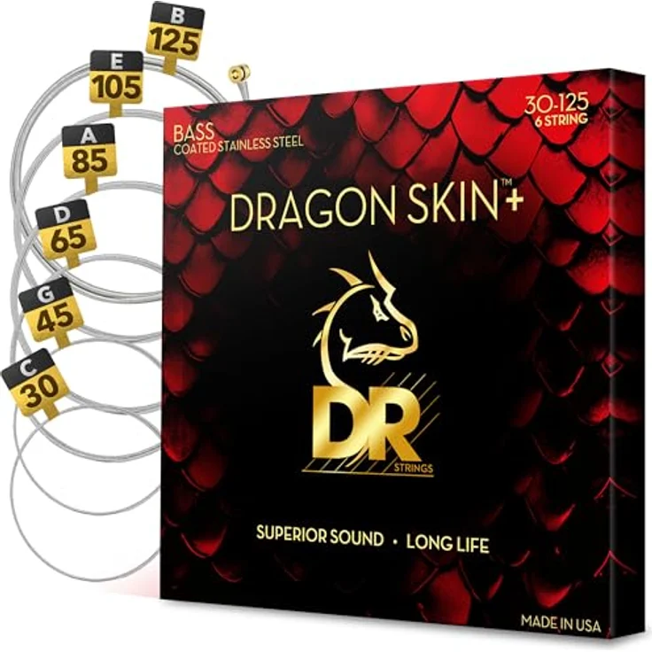 DR Strings Dragon Skin+ DBS6-30 Coated E-Bass-Saitensatz, 6-saitig, Edelstahl, Medium Gauges, mikro-dünne Coating für optimalen Klang und Stimmstabilität – Bild 1