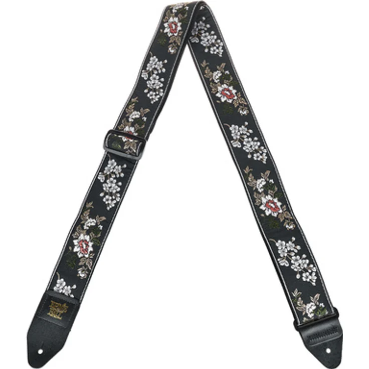 Ernie Ball White Blossom Jacquard Gitarrengurt, verstellbar von 104 bis 182 cm, mit schwarzen Lederenden und goldfarbenem Logo – Bild 1