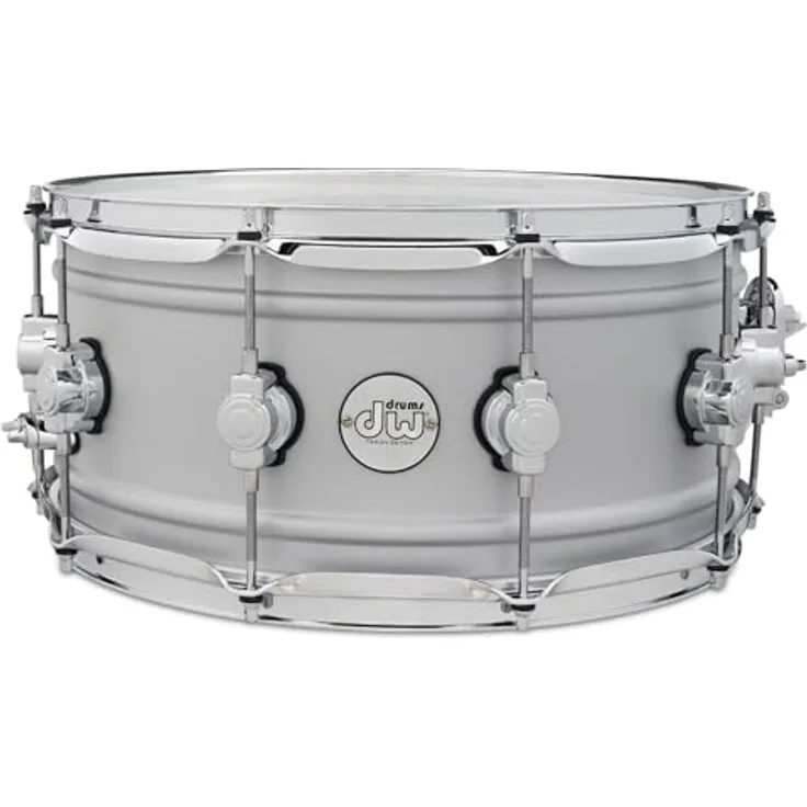 DW 14"x6,5" Design Aluminium Snare Drum, 1mm Wandstärke, mattes Finish, MAG Snare Abhebung, Triple Flanged Spannreifen, True Pitch Spannschrauben, DW Remo Felle