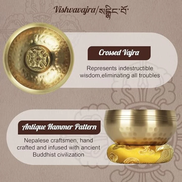 DiDiBirDi Tibetische Klangschale 8cm, handgehämmert in Nepal mit Schlägel und gelbem Ring-Kissen für Meditation, Yoga, Chakra – Bild 3