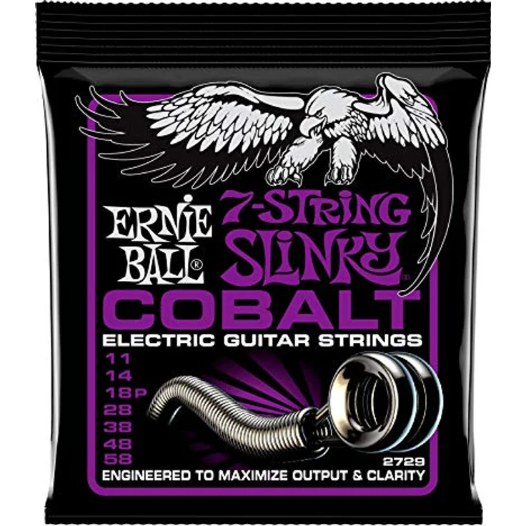 Ernie Ball Power Slinky Cobalt 7-Saiter E-Gitarrensaiten, Stärke 11-58 mit erhöhter Leistung und klaren Höhen