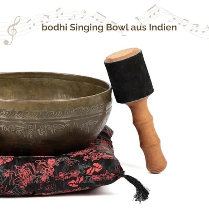 Bodhi Tibetische Klangschale Ø 23 cm, Handgefertigte Singing Bowl mit Blume des Lebens Gravur, Komplettes Set inkl. Kissen & Klöppel, Bronze, Gold/Holzfarben – Bild 2